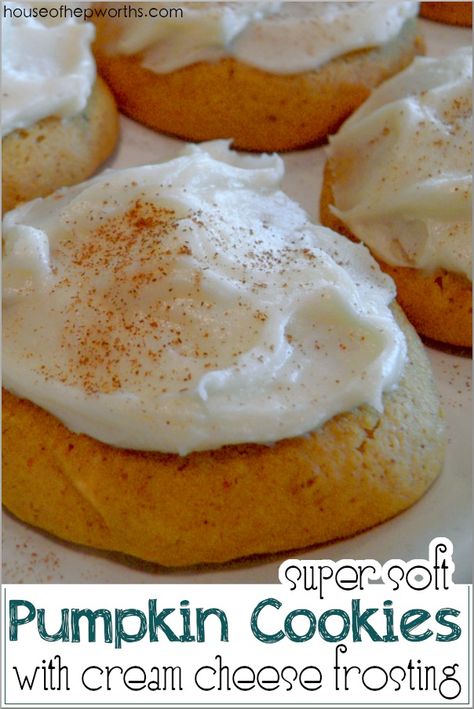 Super Soft Pumpkin Cookies with Cream Cheese Frosting - House of Hepworths Cookies With Cream Cheese Icing, Pumpkin Cookies With Cream Cheese, Cookies With Cream Cheese Frosting, Pizza Sugar Cookie, Can Pumpkin, Soft Pumpkin Cookies, Cookies With Cream Cheese, Pumpkin Cookie Recipe, Pumpkin Spice Recipe