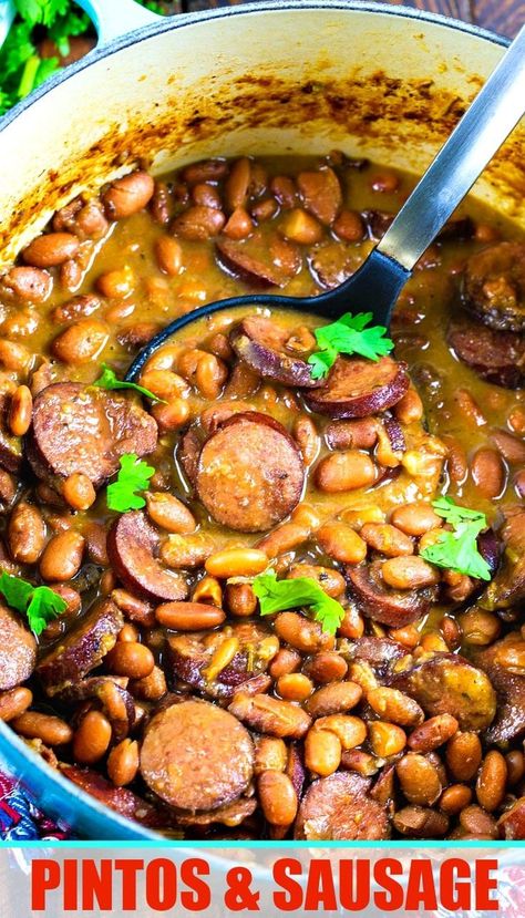 Pintos and Sausage- these beans cook up super creamy and tender, perfectly flavored with sausage in every bite. Southern Pinto Beans Recipe, Pinto Bean Soup, Spicy Southern Kitchen, Pinto Bean Recipes, Smoked Sausage Recipes, Beans And Sausage, Kielbasa Recipes, Southern Kitchen, Sausage Soup