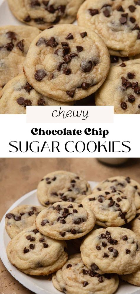 These chocolate chip sugar cookies aren't your typical chocolate chip cookie. They're soft, chewy, and made without brown sugar! Rolled in sugar and mini chocolate chips, these are sure to be your new favorite cookie. Sugar Cookies With Chocolate Chips, Chocolate Chip Sugar Cookies, Powdered Sugar Recipes, Chocolate Chip Cookie Dough Recipe, Toffee Dessert, Plain Sugar Cookies, Powdered Sugar Cookies, Soft Chocolate Chip Cookies Recipe, Bake Sweets