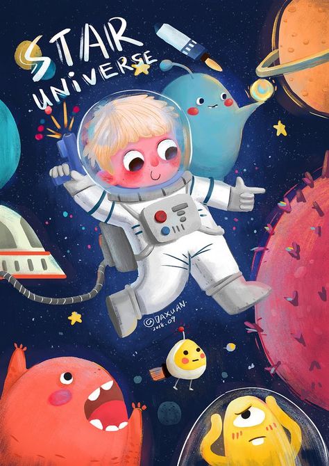 Children’s Illustration Art, Cute Space Illustration, Space Illustration Kids, Ideas For Illustration, Space Illustration Art, Planets Illustration, Childrens Book Characters, Astronaut Illustration, Story Books Illustrations