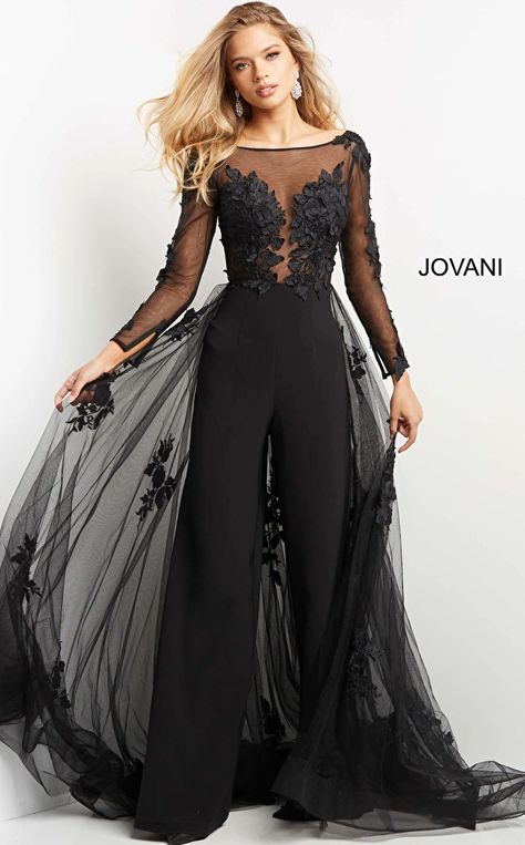 Jovani 06609 | Black Lace Bodice Evening Jumpsuit Applique Jumpsuit, Tulle Overskirt, Sheath Wedding Dress Lace, Beautiful Evening Gowns, Evening Jumpsuit, Trumpet Dress, Wedding Jumpsuit, Trumpet Gown, Unique Prom Dresses