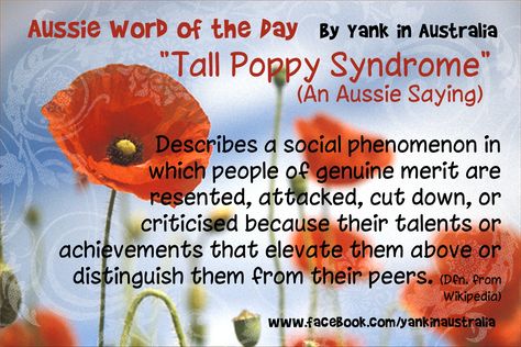 AUSSIE SAYING OF THE DAY:  Tall Poppy Syndrome...Describes a social phenomenon inwhich people of genuine merit areresented, attacked, cut down, orcriticised because their talents or achievements that elevate them above or distinguish them from their peers. (Dfn. from Wikipedia) #yankinaustralia #australia #aussielingo Jealous People, Syndrome Quotes, Saying Of The Day, History Quotes, Land Of Oz, Reality Check, Queen Quotes, Word Of The Day, Funny Stories