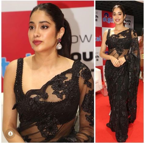 Black Dress Makeup Look Indian, Girlish Blouse Design For Saree, Black Net Blouse Designs Latest, Black Saree Makeup Look, Black Saree Aesthetic, Girlish Saree, Janvhi Kapoor, Black Net Saree, Net Saree Blouse Designs