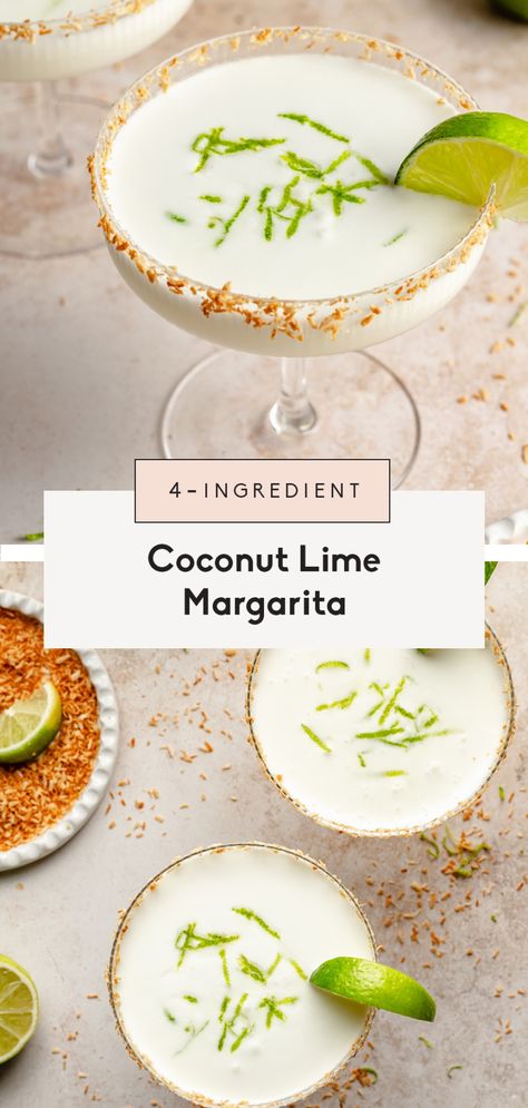 Incredible 4-ingredient coconut margarita made perfectly sweet, tart, and creamy with fresh lime juice and coconut milk. Top your glass with toasted shredded coconut for an extra tropical flavor, and enjoy this fun twist on a classic margarita recipe! The best cocktail for the beach, pool, or patio hangouts. Coconut Lime Margarita, Coconut Milk Cocktail, Coconut Margarita Recipe, Coconut Milk Drink, Classic Margarita Recipe, Coconut Margarita, Margarita Ingredients, Lime Margarita, Make Simple Syrup