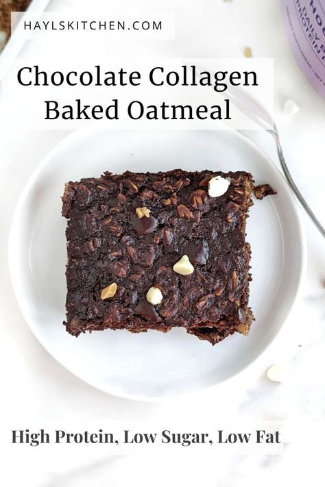 Delicious, nutritious Chocolate Collagen Baked Oatmeal to start your day. Easy, high protein baked oats made with chocolate collagen protein powder, and packed with fiber to keep you satisfied till lunchtime. High Protein Baked Oats, Healthy Dessert Recipes Chocolate, Protein Baked Oats, Chocolate Protein Balls, Baking With Protein Powder, Healthy Chocolate Desserts, Collagen Recipes, Healthy Chocolate Recipes, Collagen Protein Powder