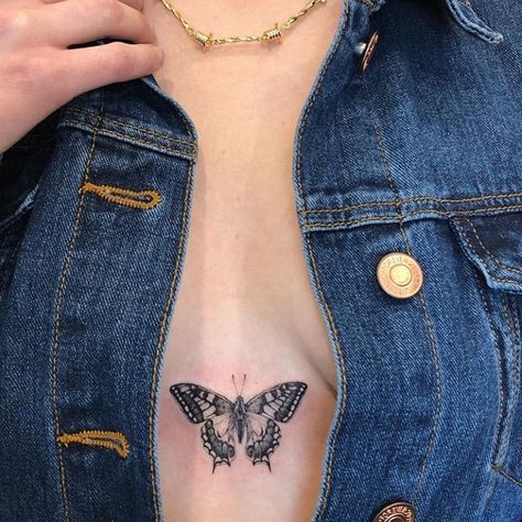 Butterfly Tattoo Sternum Chest Piece, Butterfly Tattoo In Between Breast, Butterfly Tattoo Between Breast, Butterfly Tattoo Chest, Butterfly Chest Tattoo, Whimsical Tattoos, Leo Tattoos, Butterfly Tattoos For Women, Sternum Tattoo