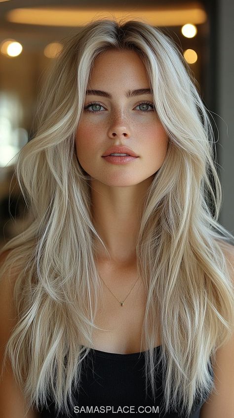 Blond Model Woman, Bohemian Blonde Hair, Blonde Hair Cuts For Round Faces, Long Blonde Bangs, Layered Blonde Hair Long, Blonde Edgy Hair, Blonde Scandinavian Hair, Nye Hairstyles Long Hair, Long Layered Hair Blonde