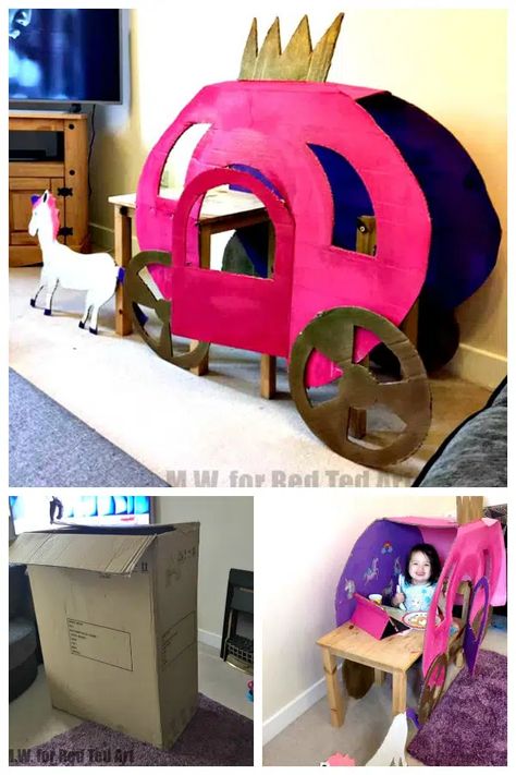 Cardboard Princess Carriage DIY - Red Ted Art - Make crafting with kids easy & fun Cinderella Carriage Diy Cardboard, Diy Princess Carriage Wagon, Princess Chair Diy, Princess Carriage Diy, Cardboard Carriage, Fairy Classroom, Tk Classroom, Big Cardboard Boxes, Cardboard Box Car