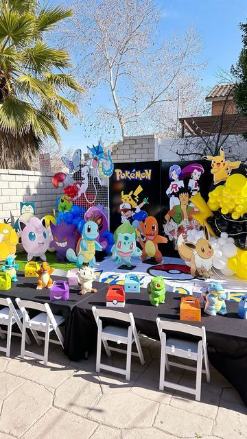 Pokemon Birthday Party Table Decorations, Pokemon Birthday Table Decorations, Pokemon Halloween Party, Outdoor Pokemon Birthday Party, Pastel Pokemon Party, Pokemon 1st Birthday Party, Eeveelution Birthday Party, Pokémon Pool Party, Pokemon Pool Birthday Party