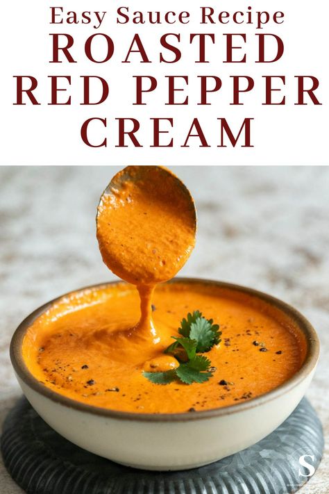 Smoky Red Pepper Crema Smoky Red Pepper Crema, Red Pepper Crema, Easy Cream Sauce, Red Pepper Cream Sauce, Spicy Crema, Pepper Cream Sauce, Mexican Food Recipes Appetizers, Easy Sauce Recipe, Crema Recipe