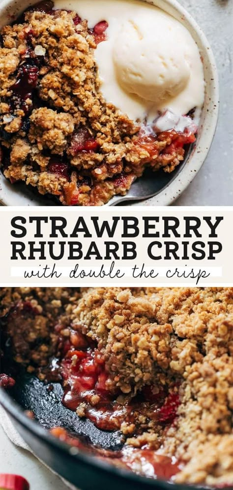 Strawberry rhubarb crisp is the perfect summer dessert! With rhubarb growing like crazy, put it to good use with this sweet and tart crisp with extra crumble topping. It's so easy to make but tastes SO GOOD! Top it with ice cream for some extra sweetness. #rhubarb #strawberries #strawberryrhubarbcrisp #crisp #butternutbakery | butternutbakeryblog.com Rubarb Crisp, Strawberry Rhubarb Crisp Recipe, Healthy Rhubarb Recipes, Rhubarb Crisp Recipe, Rhubarb Recipes Crisp, Oat Crumble Topping, Strawberry Rhubarb Crumble, Strawberry Crisp, Strawberry Rhubarb Crisp