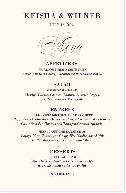 Poem Script Monogram Contemporary and Classic Menus Design For Wedding Reception, Tomato Tarte Tatin, Restaurant Menu Card, Place Cards Table, Rice Desserts, Wedding Reception Dinner, Dinner Host, Menu Design Template, Cards Table