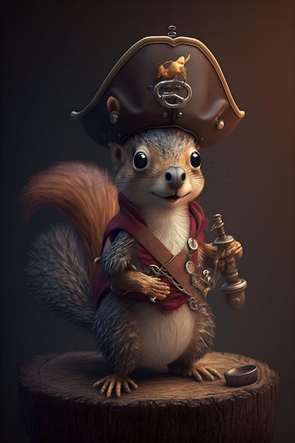 A squirrel wearing a pirate hat and a pi... | Premium Photo #Freepik #photo #pirate #mascot #mascot-character #cartoon-design Animal Pirate Character Design, Squirrel Character Design, Pirate Rpg, Animal Pirate, Pirate Animals, Pirate Mascot, Battle Chess, Owl Character, Pirate Pictures