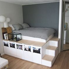 Small Room Ikea, Platform Bed Diy, Homemade Bed Frame, Bedframe Diy, Diy Bed Frame Plans, Build Bed Frame, Small Space Storage Bedroom, Diy Bed Frame Easy, Bedroom Storage For Small Rooms