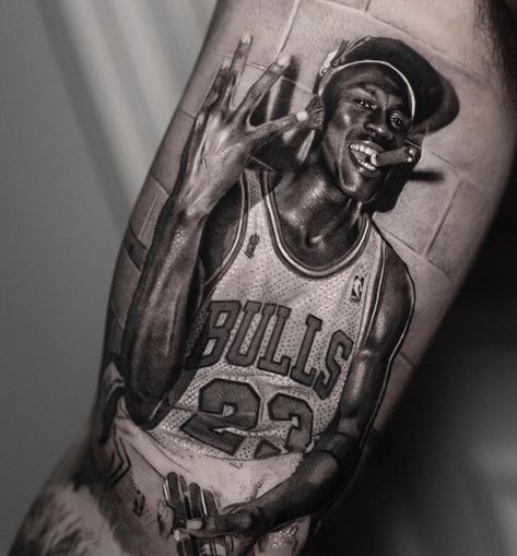 Jordan 1 Tattoo, Michael Jordan Tattoo, Blast Over Tattoo, Jordan Tattoo, Portrait Tattoo Sleeve, Basketball Tattoos, Sport Tattoos, Jordan 21, Hyper Realistic Tattoo