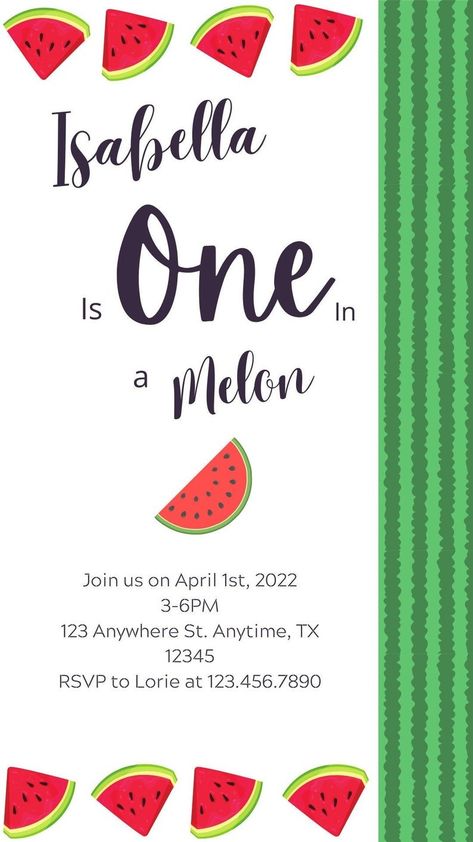 One in a Melon Birthday theme invites with red and green watermelons Watermelon Party Invitations, Watermelon Pool Party, Party Watermelon, Watermelon Birthday Party, One In A Melon Birthday, Melon Birthday, Party Invitations Birthday, Watermelon Birthday Parties, Birthday One