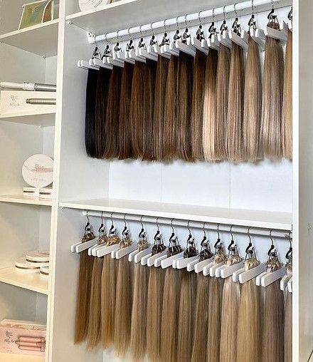 Extension Display, Saloon Ideas, Salon Goals, Beauty Works Hair Extensions, Thicker And Longer Hair, Salon Design Ideas, Hair Extension Salon, Hair Salon Design, Hair Extension Shop