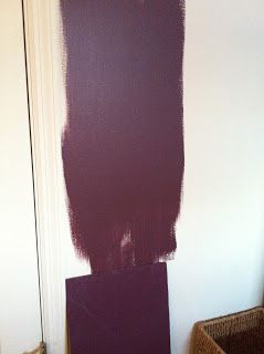 The color on the wall is Benjamin Moores' Dark Walnut, the Farrow & Ball Brinjal is painted on the cardboard below it. Aubergine Paint Color, Brinjal Farrow And Ball, Aubergine Bedroom, Burgundy Paint Colors, Aubergine Paint, Plum Paint Colors, Cabin Paint Colors, Powder Room Paint, Plum Paint