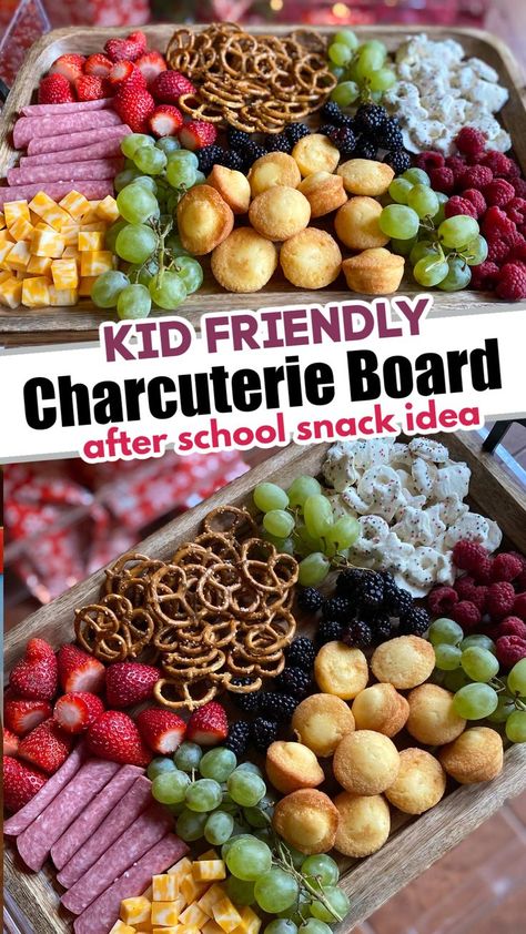 charcuterie board filled with kid snacks - pretzels, cheese cubes, mini muffins, salami, strawberries, raspberries, grapes Kid Friendly Charcuterie Board, Charcuterie Lunch, After School Snack, Charcuterie Inspiration, Lost 100 Pounds, School Snack, Charcuterie Recipes, Summer Snacks, Toddler Snacks