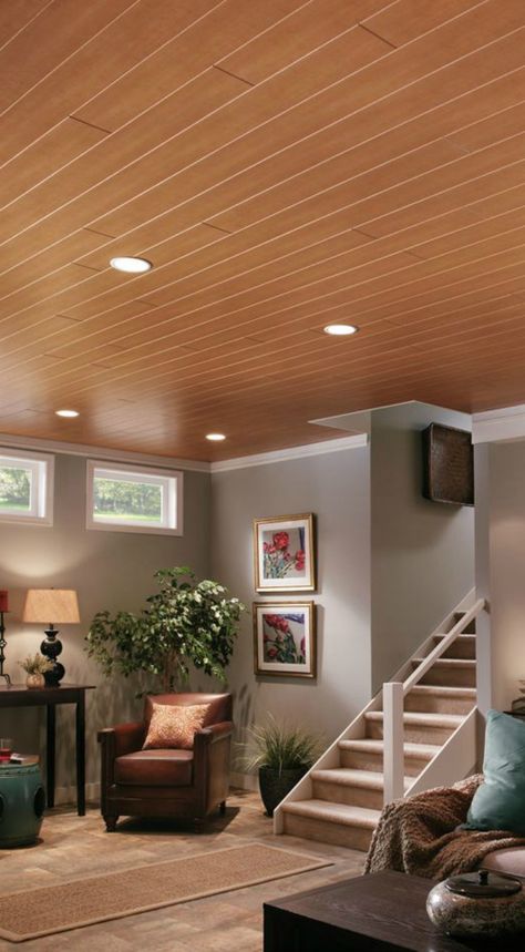 Pvc Ceiling Design Living Rooms, Ceiling Wood Design, Ply Ceiling, Ceiling Alternatives, Ceiling Planks, Basement Ceiling Options, Low Ceiling Basement, Basement Ceiling Ideas, Ceiling Options