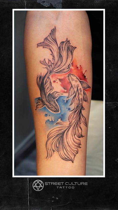 Watercolour koi koi fish tattoo by Suren at street Culture Tattoo Watercolour Fish Tattoo, Koi Fish Tattoo Men, Koi Fish Tattoo For Women, Watercolor Fish Tattoo, Friend Tats, Tattoo Giveaway, Pez Koi Tattoo, Coy Fish Tattoos, Tattoo Koi