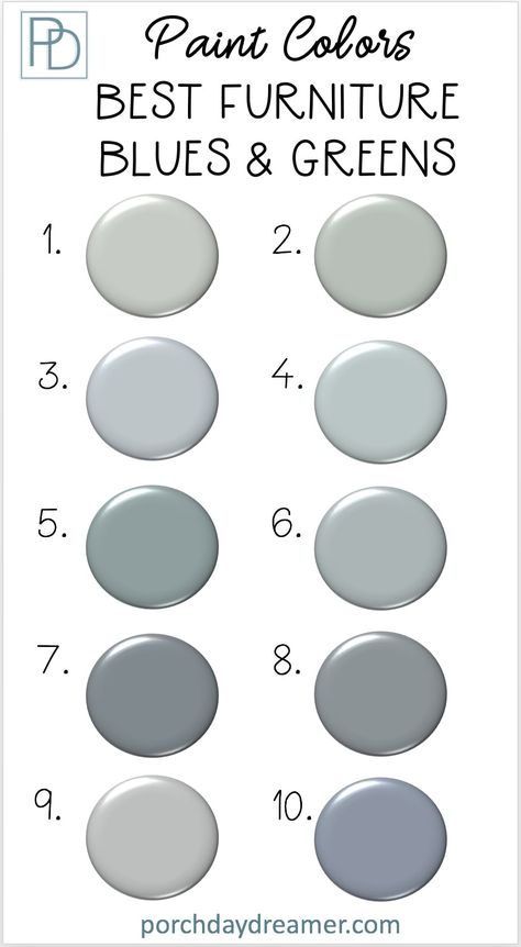 The best furniture paint colors in blues and greens. 10 paint color options to makeover your furniture. #furniturepaint #paintcolors #furniturepaintcolors #porchdaydreamer Furniture Paint Ideas Colors, Farmhouse Colors For Furniture, Blue Furniture Paint Colors, Blue Gray Dresser, Best Colors To Paint Furniture, Paint Colors For Furniture Projects, Paint Colors For Dressers, Best Paint Colors For Furniture, Farmhouse Furniture Colors