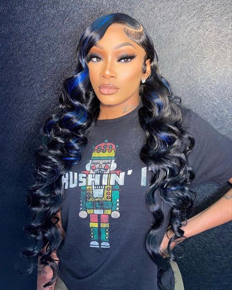 Black Hair With Blue Highlights, Blue Hair Highlights, Birthday Makeup Looks, Black Hair Wigs, Blue Black Hair, Black Hair With Highlights, Girls Blue Dress, Quick Weave Hairstyles, Birthday Hair