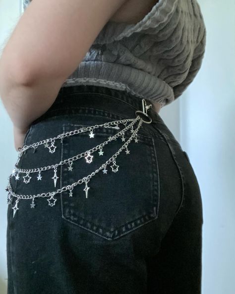 I’m gonna admit 🤭 I think this is the sexiest piece I’ve made yet.,.. drop a follow if this interests you! Or even better, go check out the listing, link in my bio! It’s listed as a variation on the sun moon and stars jeans chain as well “6/6/6mm Stars Only” Chain Set. .Link In Bio. #starchain #moonchain #celestialchain #jeanschain #hipchain #beltchain #etsycreations #handmadejewelry #queerownedsmallbusiness #chainbeltforwomen #handmadeproduct #sexyandiknowit #sexydecoration #starjeanschain ... Stars Jeans, Jeans With Chains, Jeans Chain, Pants Chain, Pant Chains, Waist Jewelry, Sun Moon And Stars, Star Chain, Star Jeans