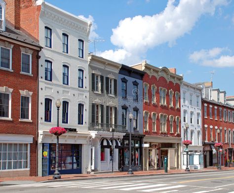 Photo about A historic shopping district with high end fashion retailers and other small shops. Image of boutique, commerce, commercial - 17506029 House Upstairs, Downtown Buildings, Small Towns Usa, Town Building, Classic Building, Tall Buildings, Main Street Usa, Building Facade, Brick Building