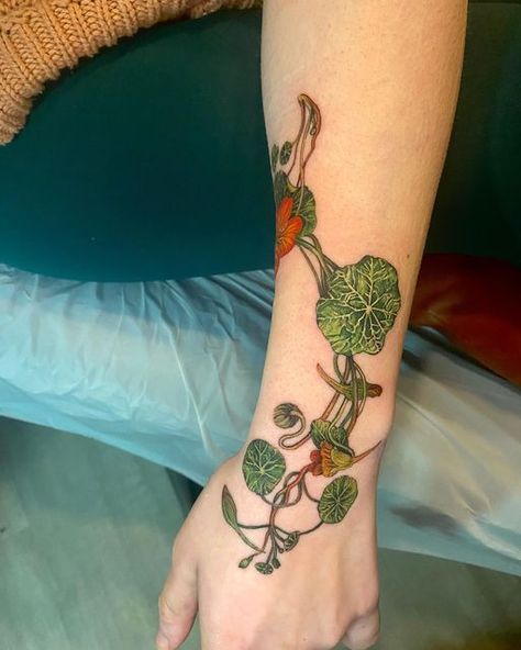 Nasturtium Tattoo, Ethereal Tattoos, Voodoo Tattoo, Print Making Designs, Earthy Tattoos, Moon Phases Tattoo, Mystical Tattoos, Botanical Line Drawing, Special Tattoos