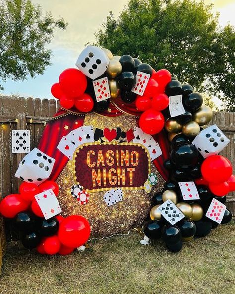 Casino Themed Photoshoot, Vegas Balloon Garland, Las Vegas Balloon Decor, Ace Birthday Theme, Casino Theme Balloon Garland, 50th Casino Birthday Ideas, Casino Homecoming Theme, Casino Theme Backdrop, Casino Theme 21st Birthday Party