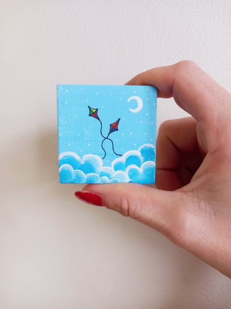 Mini Canvas Cloud Painting, Radha Krishna Small Canvas Painting, Small Canvas Paintings Night Sky, Starry Night Small Canvas, Kite Flying, Enamel Pins, Miniatures, Canvas Art, Hand Painted