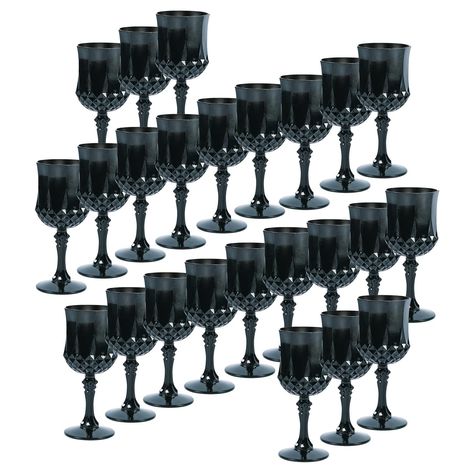 PRICES MAY VARY. Whether you're raising a toast or just taking a break from the party, these Patterned Black Wine Glasses are perfect for your favorite wine. These shapely glasses radiate elegance in classic black, making them ideal for occasions of all kinds, from weddings to Halloween bashes. With their chic look, durable plastic construction and, they're an essential supply for an elevated gatherings. Plastic. (4 dozen per unit) 6 3/4" 8 oz. Whether you're raising a toast or just taking a bre Gray And Black Party Decorations, Gothic Victorian Party Decor, Victorian Goth Birthday Party, All Black Tablescape, Halloween Themed Rehearsal Dinner, Classy Goth Wedding, All Black Affair Party Ideas, Black Wine Glasses, Gothic Party