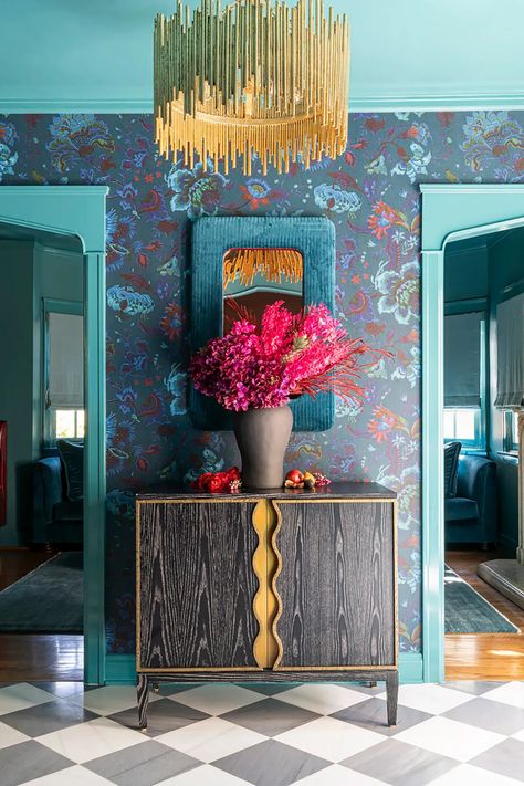 10 ways to make a dark entryway sing, according to designers | Dark Entryway Ideas, Moody Maximalist Decor, Maximalist Entryway, Dark Entryway, Maximalism Living Room, Colorful Entryway, Maximalist Decor Vintage, Dark Maximalism, Moody Maximalist