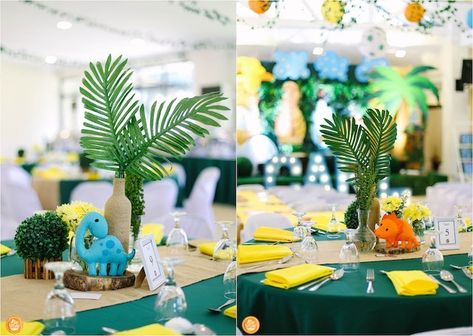 Centerpieces Dinosaur Party, Dinosaur Themed Birthday Party Centerpiece, Dinosaur Party Table Centerpiece, Dino Themed Centerpieces, Dino Theme Centerpiece, Dino Table Centerpiece, Dinosaur Birthday Table Decorations, Baby Dinosaur Centerpieces Ideas, Dinasour Baby Shower Centerpiece