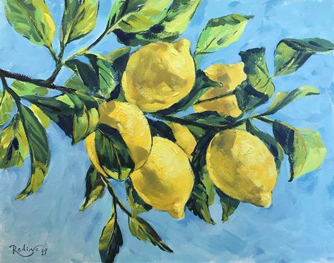 Lemon Tree Branch, Lemons Art, Lemon Painting, Lemon Art, Food Painting, Fruit Painting, Handmade Wall Art, Lemon Tree, Tree Branch