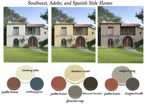 Southwest, Adobe, Spanish Style - combo schemes by The Decorologist Stucco Homes Exterior Colors Farmhouse, Pueblo Style Homes Exterior, Spanish Style Home Paint Colors, Modern Spanish Style Homes Exterior Paint Colors, Spanish Style Homes Exterior Paint Color, Spanish Style Home Color Palette, Southwest Exterior House Colors, Greek Exterior, Spanish Style Homes Exterior Curb Appeal