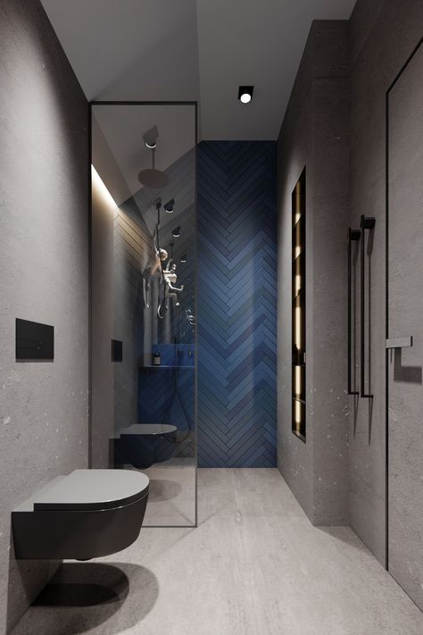 Modern Bathroom Design Dark, Dark Blue Bathroom, Small Bathroom Styles, Dark Blue Bathrooms, Bathroom Wallpaper Ideas, Blue Bathroom Tile, Modern Bathroom Interior, Bathroom Design Layout, House Interior Design Styles