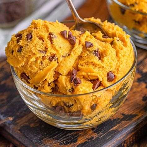 Edible Pumpkin Chocolate Chip Cookie Dough Recipe - Sweet Cs Designs Pumpkin Cookie Dough Edible, Pumpkin Spice Edible Cookie Dough, Edible Pumpkin Cookie Dough, Pumpkin Magic Bars, Pumpkin Hand Pies, Chocolate Chip Cookie Dough Recipe, Vegan Pumpkin Cookies, Pumpkin Magic, Pumpkin Pie Cookies