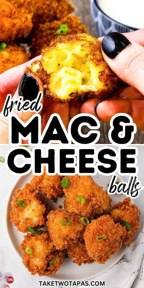 A fun spin on a classic that everyone will be fighting for! These fried mac and cheese balls are crispy on the outside and creamy and cheesy on the inside. YES PLEASE!! Air Fryer Mac And Cheese Balls, Homeade Mac And Cheese, Fried Mac And Cheese Balls, Mac And Cheese Balls, Creamy Corn Dip, Fried Mac N Cheese Balls, Mac N Cheese Bites, Fried Macaroni And Cheese, Fried Macaroni