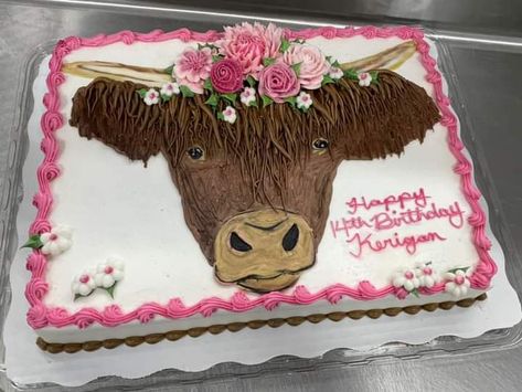 Hiland Cow Birthday Cake, Cow Cookie Cake Ideas, Cow Sheet Cake Ideas, Cow And Pig Cake, Cow Sheet Cake Birthday, Highland Cow Sheet Cake, Western Sheet Cake, Cow Sheet Cake, Cow Cakes Birthday Girl