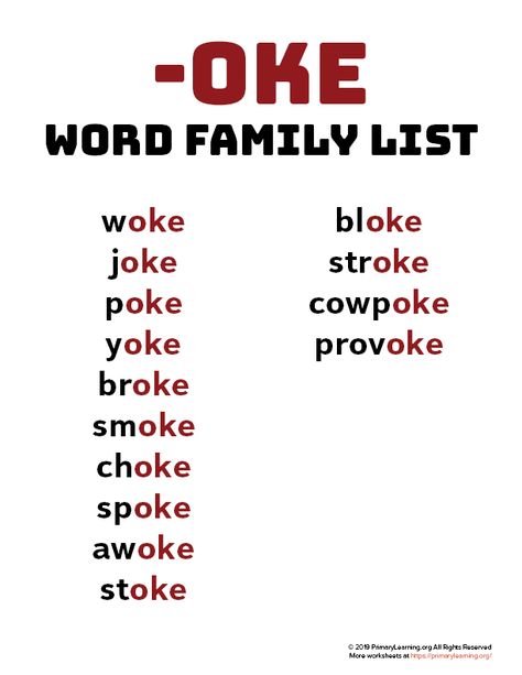 Using word families can help teach beginning spellers that words contain and share patterns. Use this word family list to introduce the sound of words ending with OKE. #worksheets #printables #phonics #wordfamily Word Family List, Phonics Reading Passages, Phonics Chart, Word Family Worksheets, Phonics Rules, Teaching Spelling, Phonics Sounds, English Phonics, Phonics Lessons