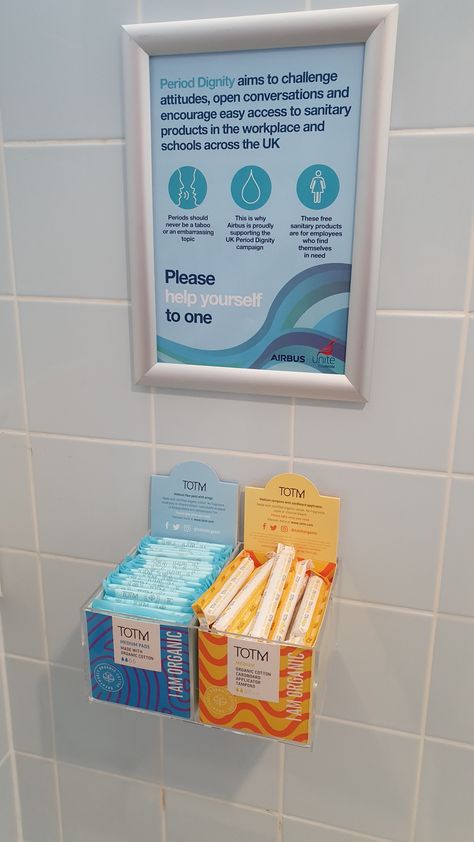 UK Period Dignity Campaign  Dispenser and poster for Airbus in Filton, Bristol.  Added to the female, and to the accessible toilets in the office and factory buildings.  #FromTheDayJob  @airbus  @rheinmetallag Period Packaging Design, Sanitary Pads Packaging Design, Tampon Dispenser, Period Package, Best Sanitary Pads, Menstrual Disc, Period Quotes, Period Poverty, Period Box