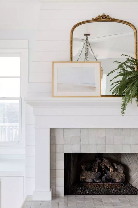 Coastal Fireplace Ideas, Beach House Fireplace, Beach House Inspiration, Tile Around Fireplace, Beach Fireplace, Katrina Scott, Coastal Fireplace, Mantel Styling, Pure Salt Interiors