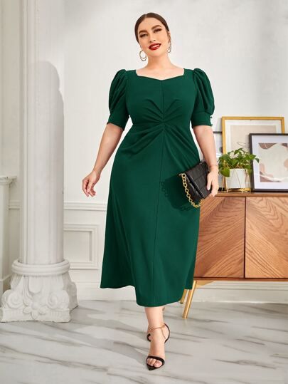 SHEIN Plus Puff Sleeve Fold Pleated Dress | SHEIN USA Plus Size Church Dresses, Plus Size Work Dresses, Long Sleeve Chiffon Dress, Cocktail Dress Wedding Guest, Lace Dress Design, Plus Size Summer Dresses, Church Dress, Plus Size Cocktail Dresses, Plus Size Formal Dresses