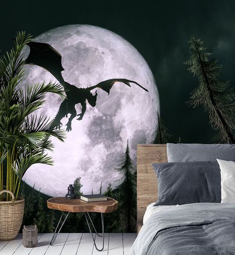 Dragon Interior Design, Castle Themed Bedroom, Fantasy Wall Mural, Dragon Bedroom Decor, Fantasy Mural Ideas, Dragon Room Ideas, Dragon Bedroom Ideas, Dragon Themed Bedroom, Gothic Mural