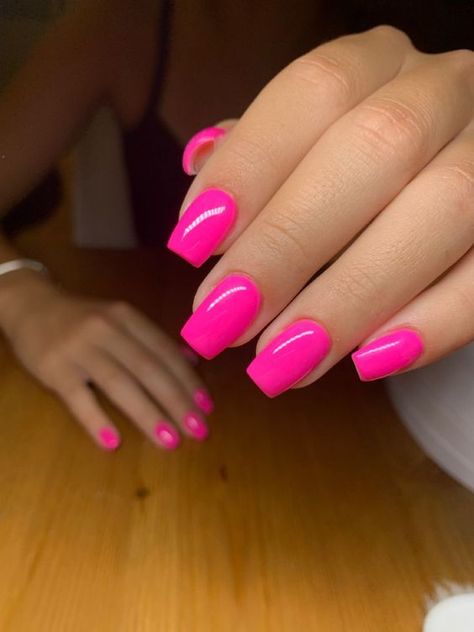 Simple Hot Pink Nails Short, Pink Almost Nails, Short Square Hot Pink Acrylic Nails, Hot Pink Neon Nails, Bright Neon Pink Nails, Basic Color Nails Simple, Very Short Acrylic Nails Square Simple, Hot Pink Fake Nails, Short Coffin Hot Pink Nails