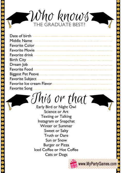 Free Printable Who Knows the Graduate Best? Game Graduation Party Themes Ideas, Graduation Games Party Activities, Graduation Party Ideas For 2 Graduates, Highschool Graduation Party Ideas Backyard, Graduation Party Ideas At A Restaurant, Grade 12 Graduation Party Ideas, Graduation Craft Ideas High School, Graduation Themes Ideas, Graduation Party Itinerary