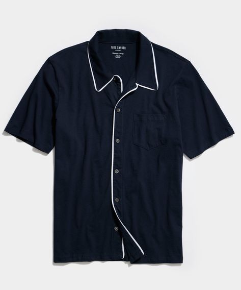 Made in L.A. Montauk Tipped Full Placket Polo in Navy - Todd Snyder Todd Snyder, Mens Casual Dress Outfits, Polo Shirt White, Fashion Suits For Men, Channel Islands, Mens Fashion Casual Outfits, Ticking Stripe, Polo Sweater, Tailored Suits