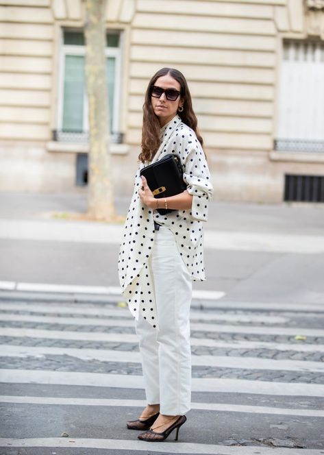 Polka Dots Outfit Ideas | POPSUGAR Fashion Black Polka Dot Pants Outfit, Dot Pants Outfit, Polka Dot Street Style, Polka Dot Pants Outfit, Polka Dot Shirt Outfit, Polka Dot Blouse Outfit, Polka Dot Top Outfit, Street Style Paris Fashion Week, Dots Outfit